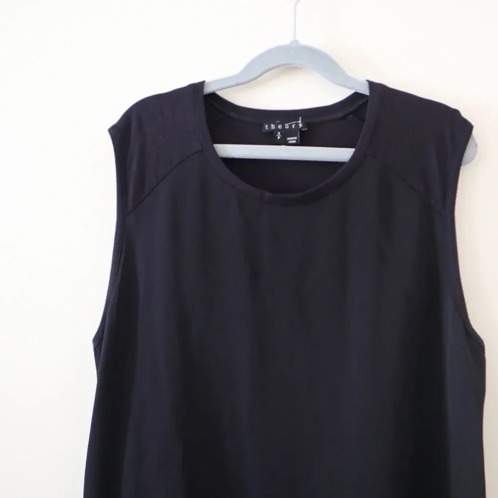 Theory Size S Roliet Modern Silk Satin & Jersey Mixed Tank Top Navy Blue Black